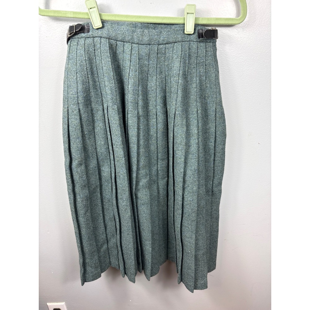 Vtg Pure‎ New Wool Pleated Kilt Skirt Green Heathered Midi Waist 26" See meas.